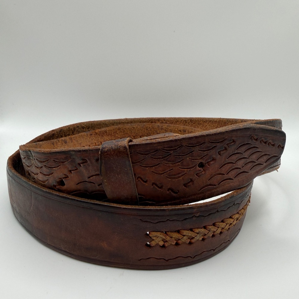 VTG Brown Distressed‎ Braided Inlay Leather Belt Strap NO BUCKLE Western 46"